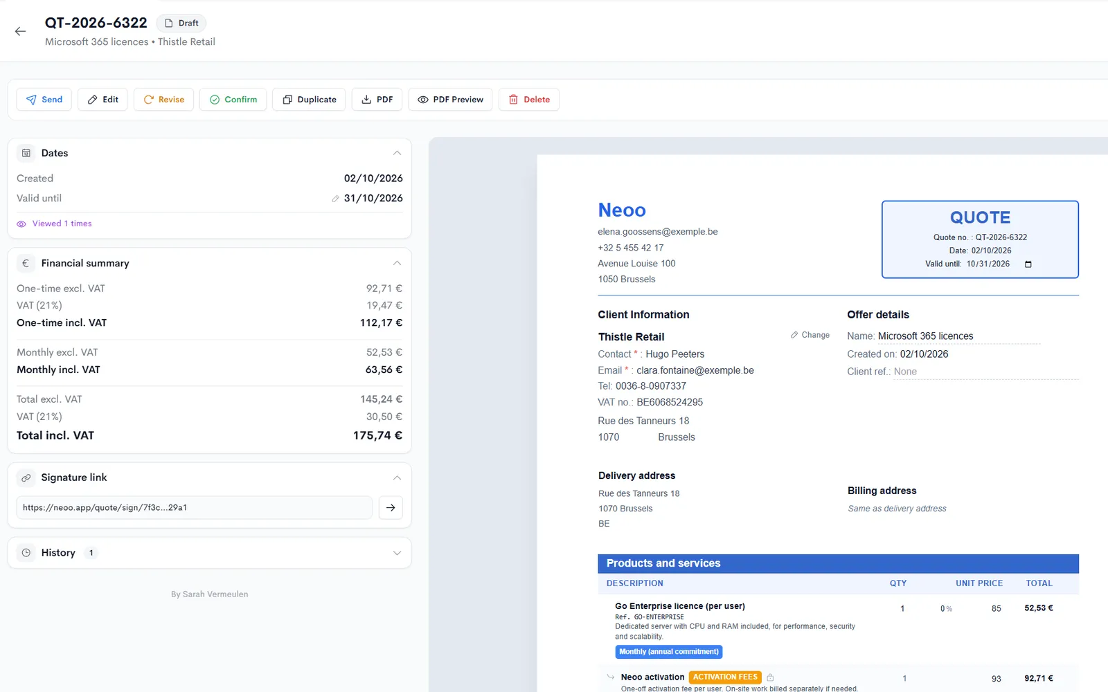 Devis Neoo : client, produits, montants mensuels et ponctuels, lien de signature et aperçu du document.